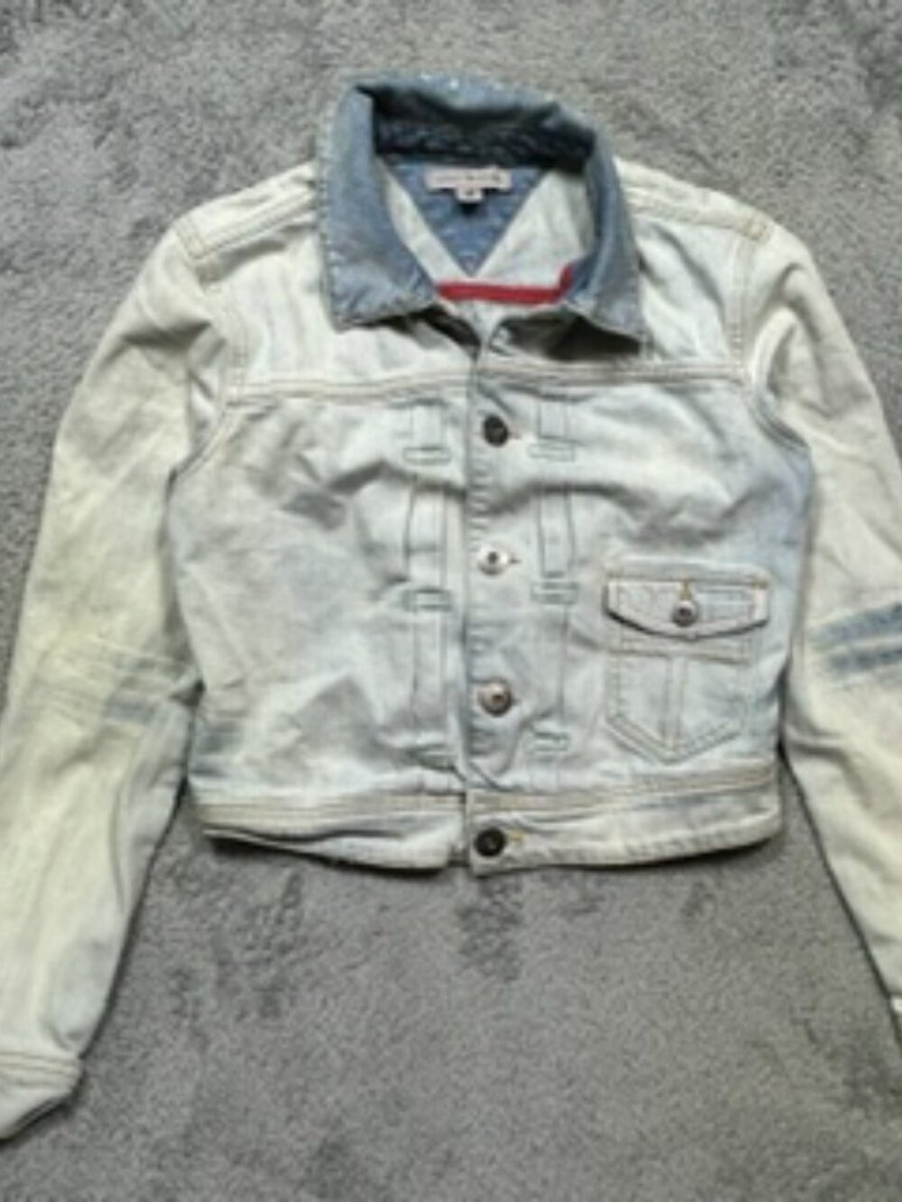 Vintage Tommy Hilfiger Jean Jacket Womens M Blue Distressed Crop Trucker 90s Y2K